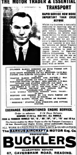 1941 - Buckler Cars - Barkus Aircraft (Reading Standard 24 Dec 1941) advert