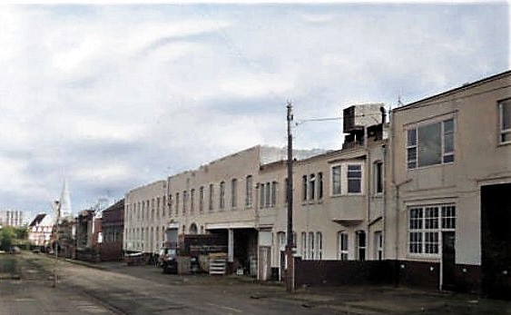 South Street 1980 - looking E to Watlington House - Reading Metal Finishers Ltd formerly occupied by H O Serpell Co Ltd Biscuit Factory-Colorized